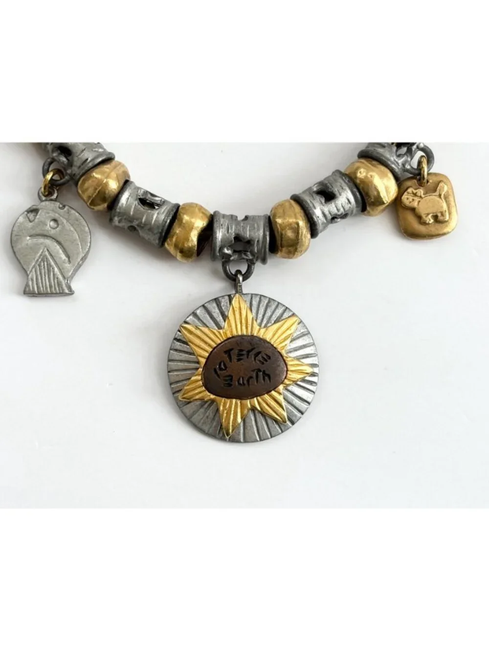 Liz Clairborne Gold & Silver Toned Beaded Terre Earth Medallion Pendant Bracelet